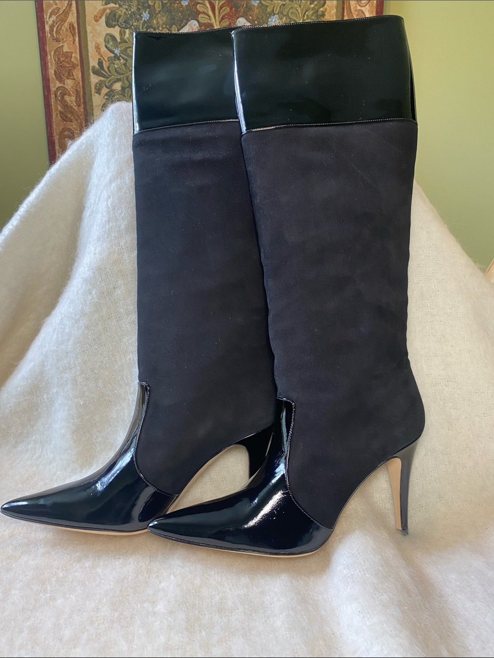 kate spade Black Patent & Suede Knee-High Stiletto Boots Size 10 NWOT